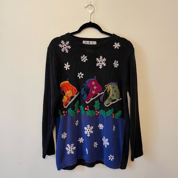 Vintage L Long sleeve ugly Christmas sweater holiday festive snowflake black - Picture 1 of 7